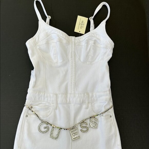 GUESS Skinny Denim Jumpsuit Logo Stones Belt Zip Back Bustier One Piece WHT S/P - Picture 4 of 8